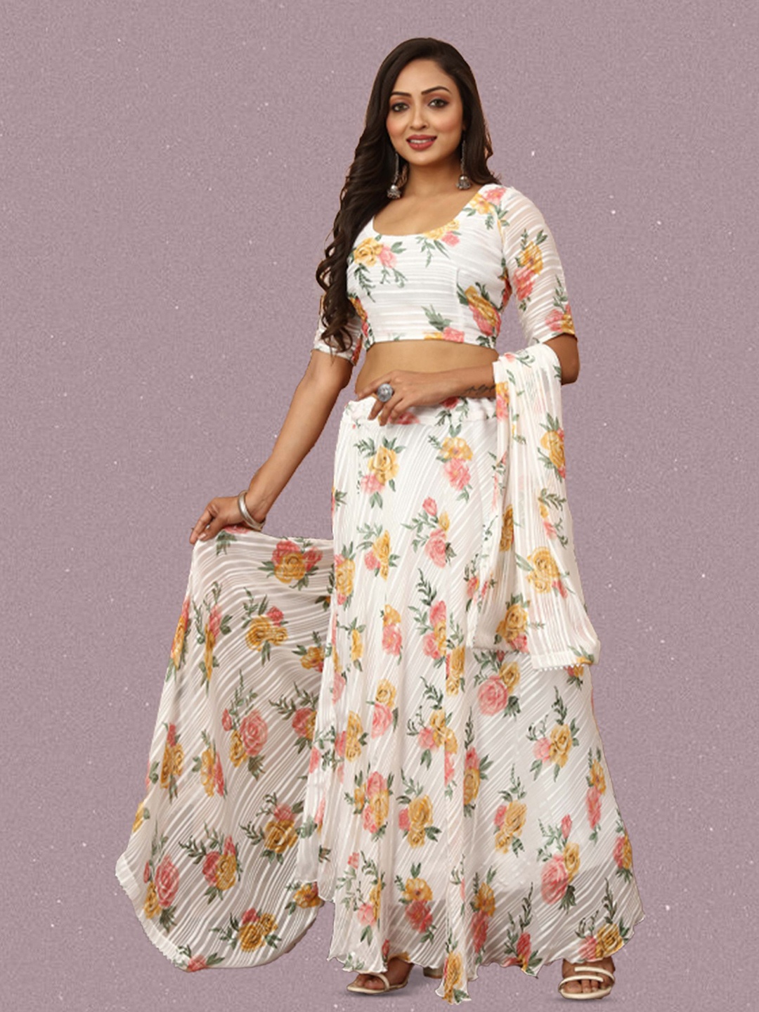 

N ENTERPRISE Printed Semi-Stitched Lehenga & Unstitched Blouse With Dupatta, Orange