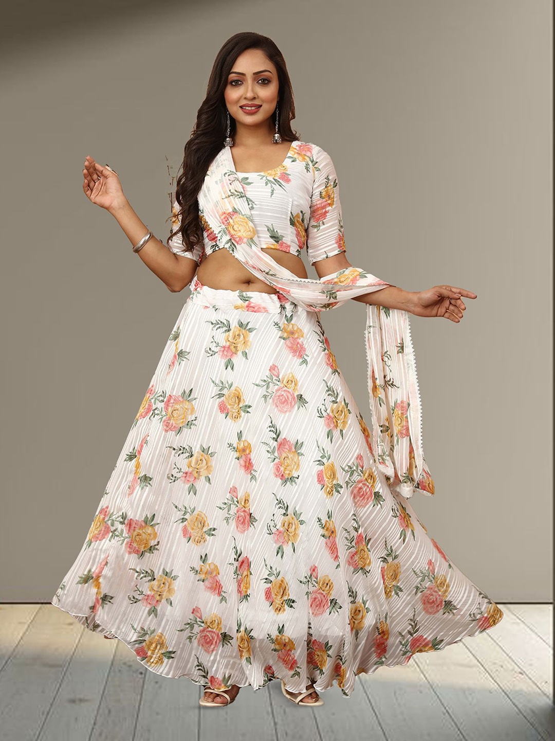 

N ENTERPRISE Printed Semi-Stitched Lehenga & Unstitched Blouse With Dupatta, White