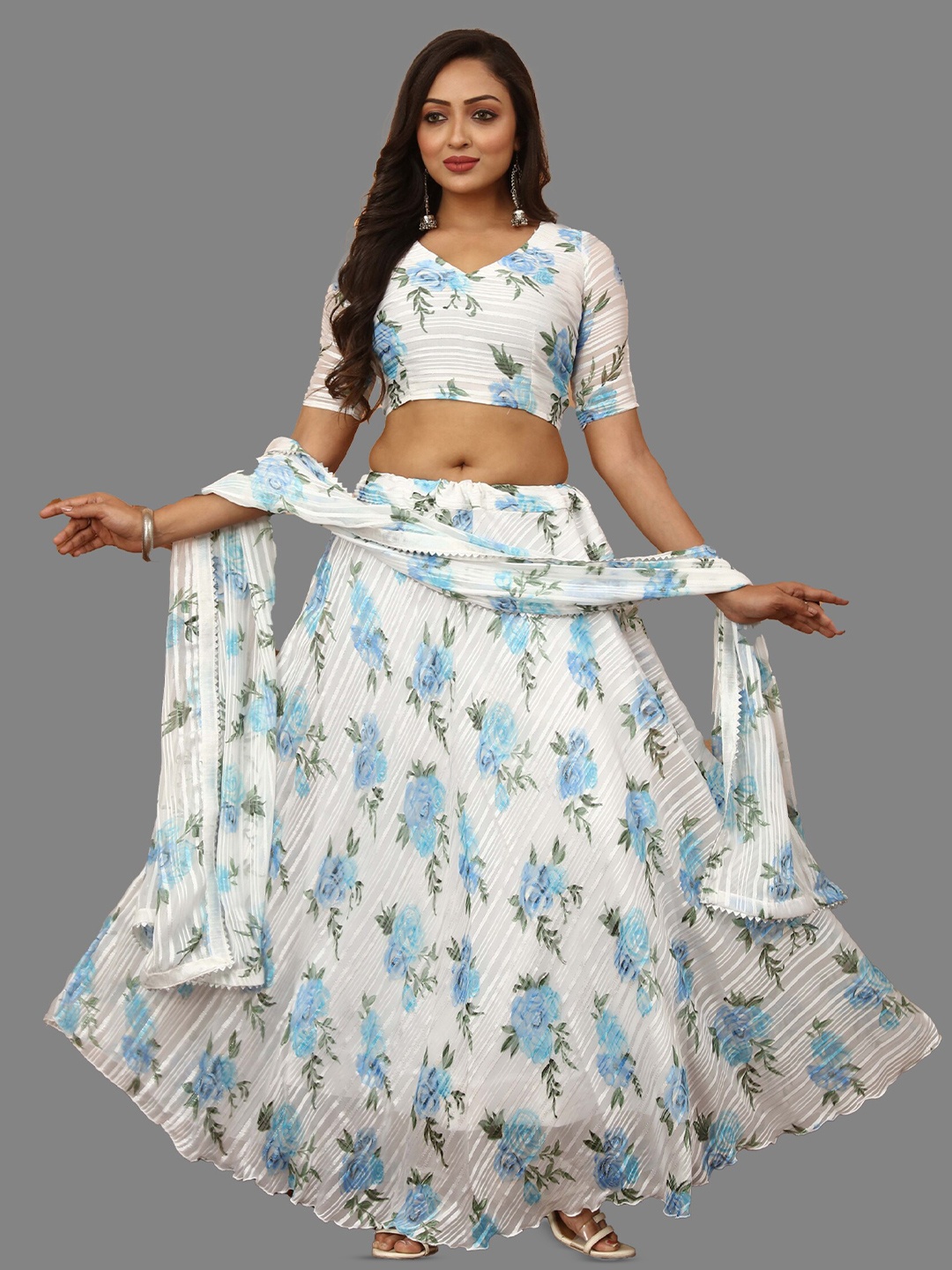 

N ENTERPRISE Printed Semi-Stitched Lehenga & Unstitched Blouse With Dupatta, Blue