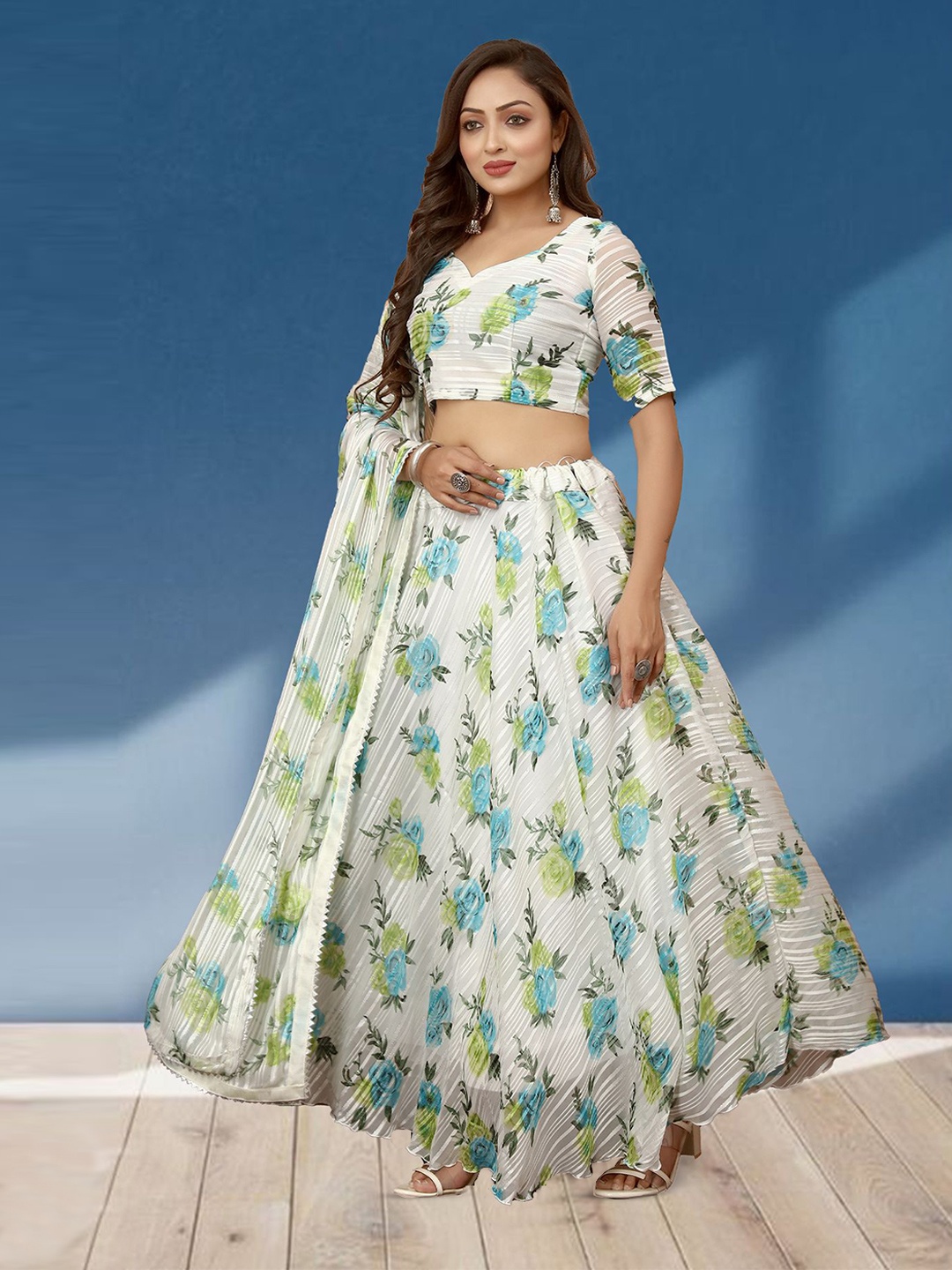 

N ENTERPRISE Printed Semi-Stitched Lehenga & Unstitched Blouse With Dupatta, Blue