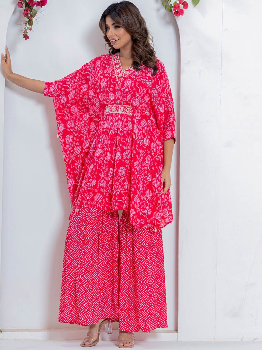

Meena Bazaar Floral Printed Art Silk Kaftan Kurti With Sharara, Red