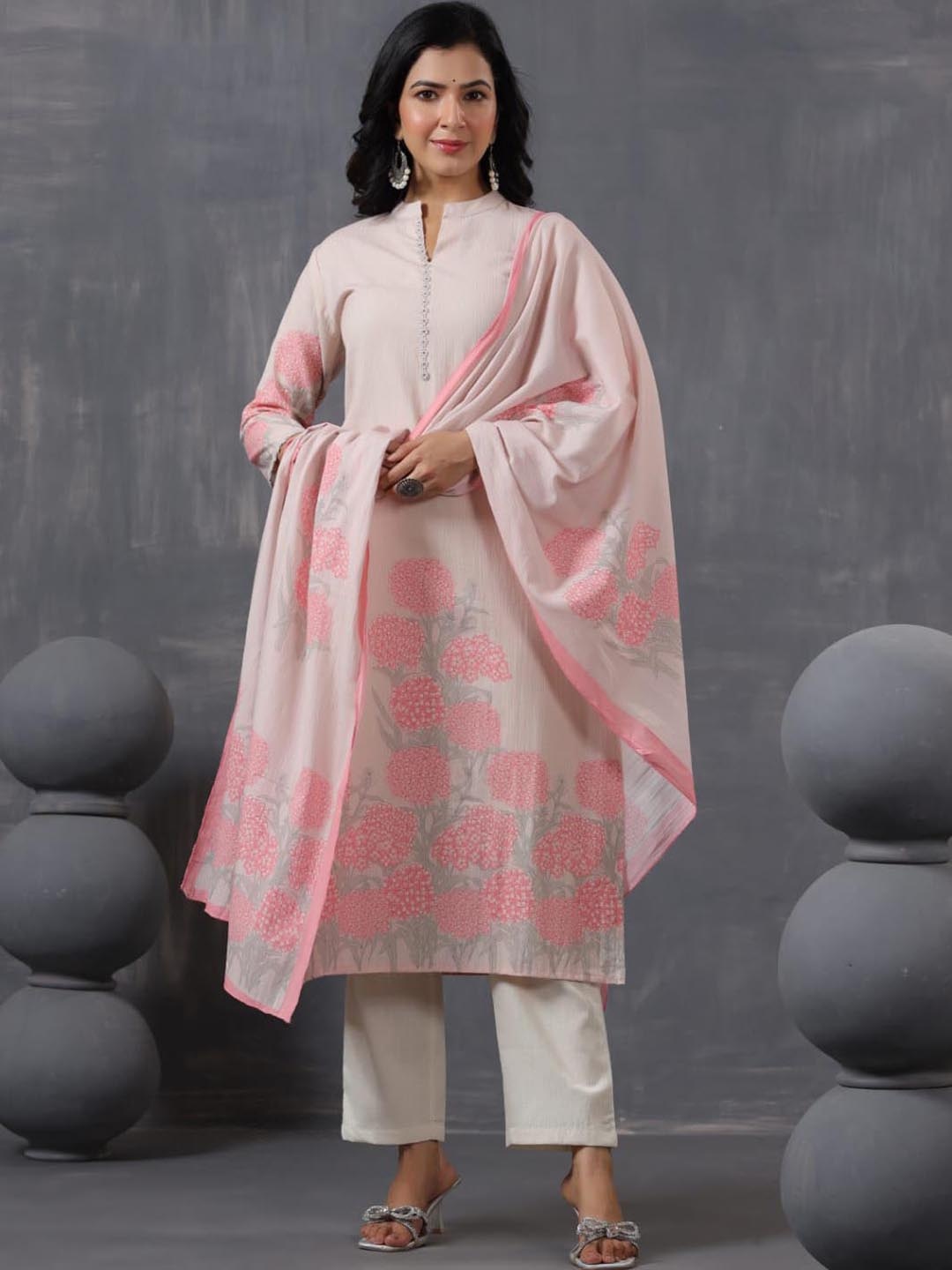 

Meena Bazaar Floral Printed Straight Kurta With Trousers & Dupatta, Beige