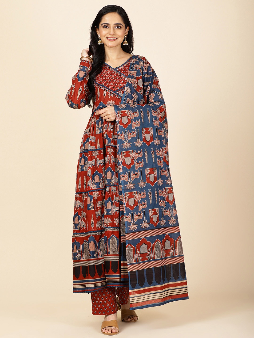 

Meena Bazaar Floral Printed Anarkali Kurta With Trousers & Dupatta, Maroon