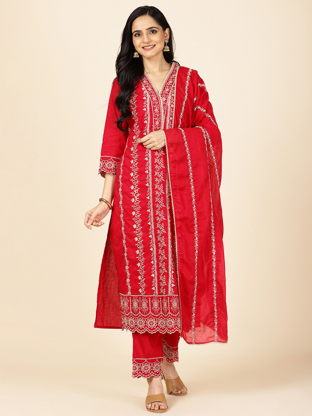 

Meena Bazaar Floral Embroidered Sequinned Straight Kurta With Trousers & Dupatta, Red