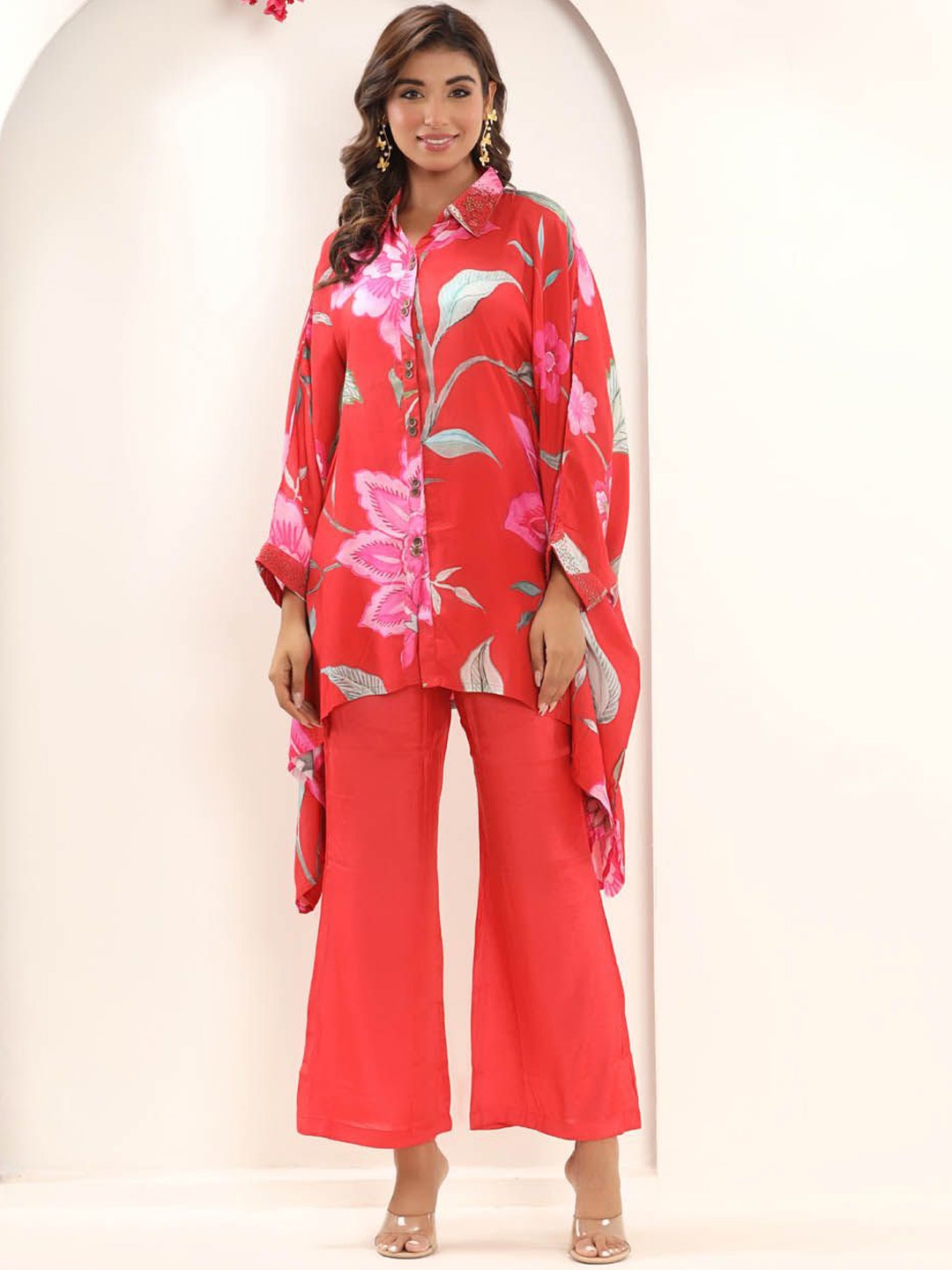 

Meena Bazaar Floral Printed Kaftan Kurti With Trousers, Red