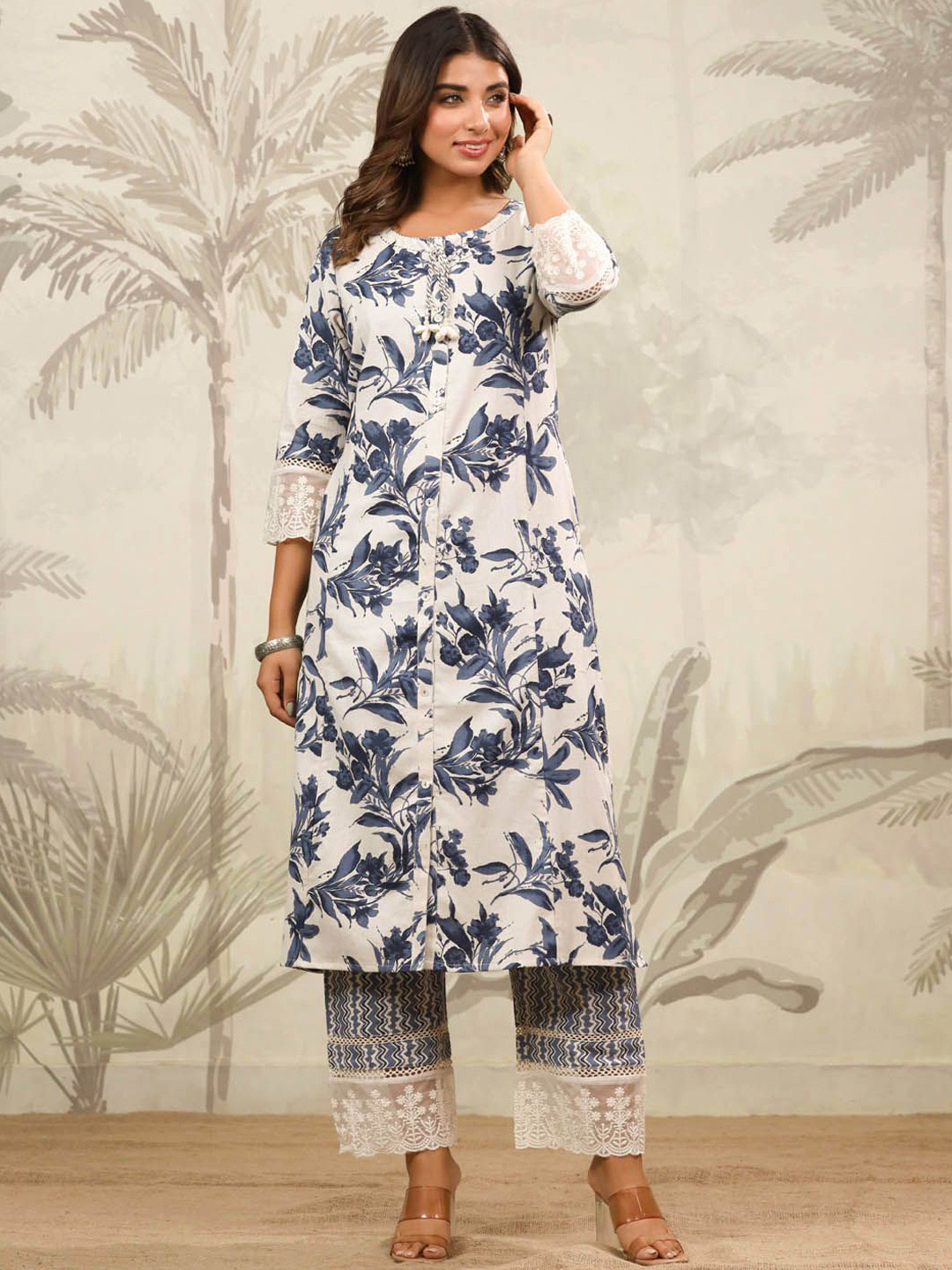 

Meena Bazaar Floral Printed Straight Cotton Kurta with Trousers, Beige