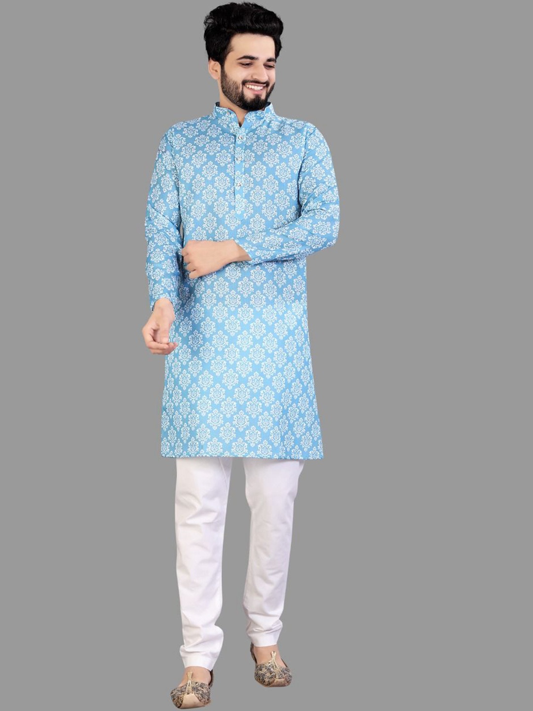 

IMAGO Ethnic Motifs Band Collar Long Sleeves Pure Cotton Straight Kurta, Blue
