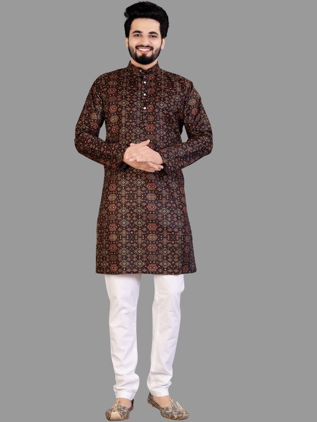 

IMAGO Ethnic Motifs Printed Mandarin Collar Cotton Straight Kurta, Brown