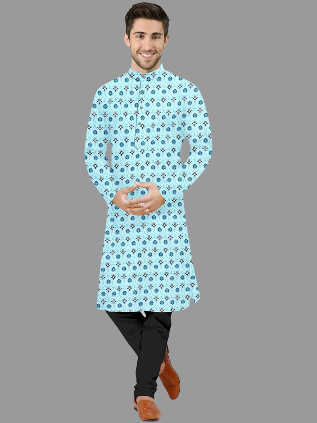 

IMAGO Geometric Printed Mandarin Collar Cotton Straight Kurta, Blue