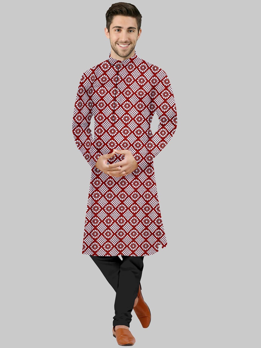 

IMAGO Geometric Printed Mandarin Collar Cotton Straight Kurta, Maroon