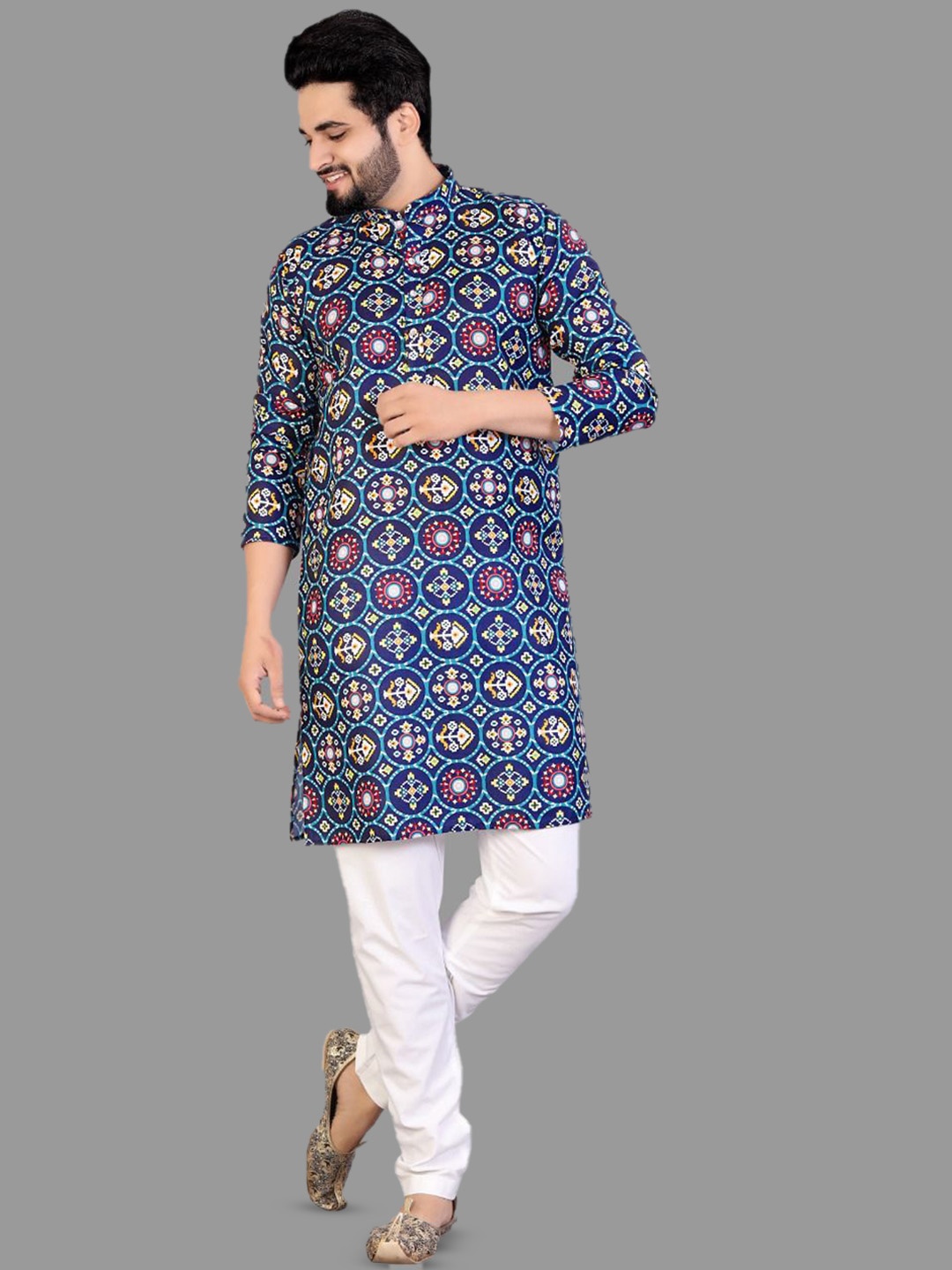 

IMAGO Ethnic Motifs Printed Mandarin Collar Cotton Straight Kurta, Blue