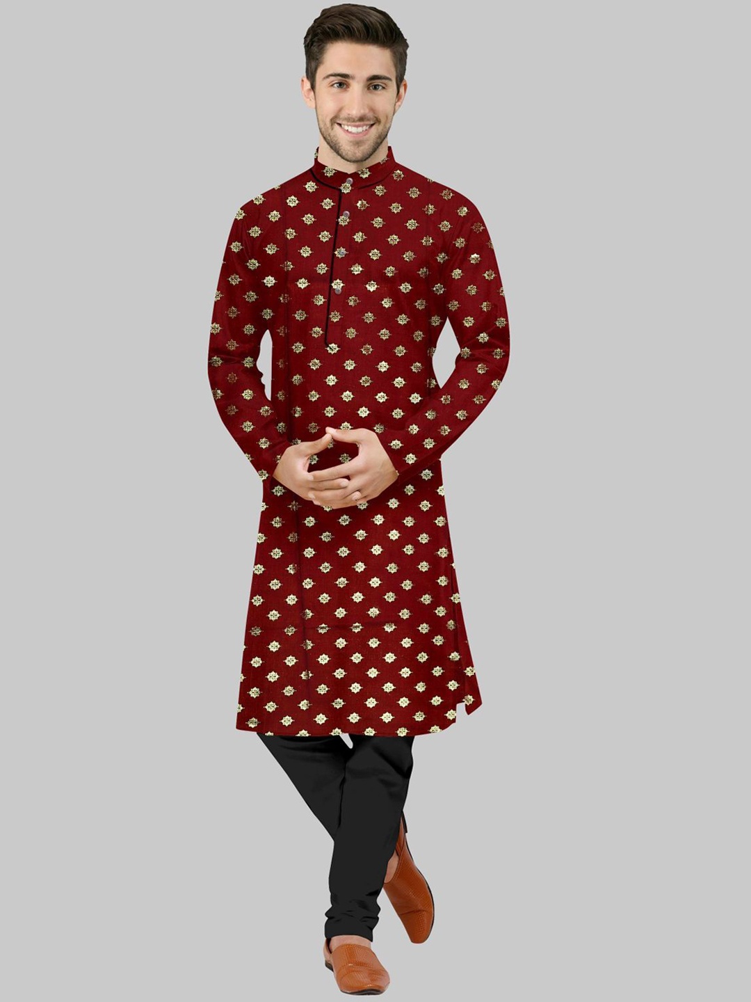 

IMAGO Ethnic Motifs Printed Band Collar Cotton Straight Kurta, Maroon