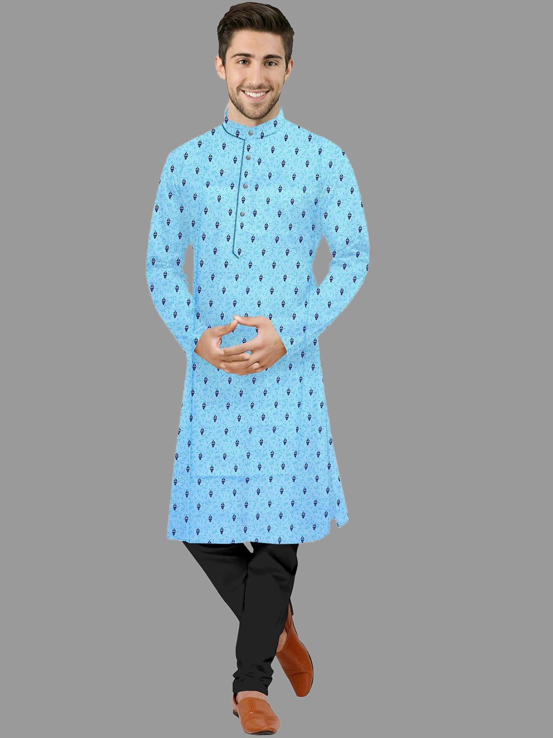 

IMAGO Ethnic Motifs Printed Band Collar Cotton Straight Kurta, Blue