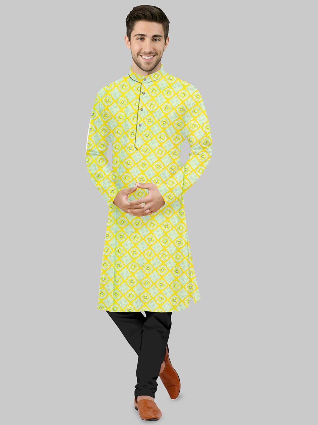 

IMAGO Geometric Thread Work Band Collar Pure Cotton Straight Kurta, Yellow