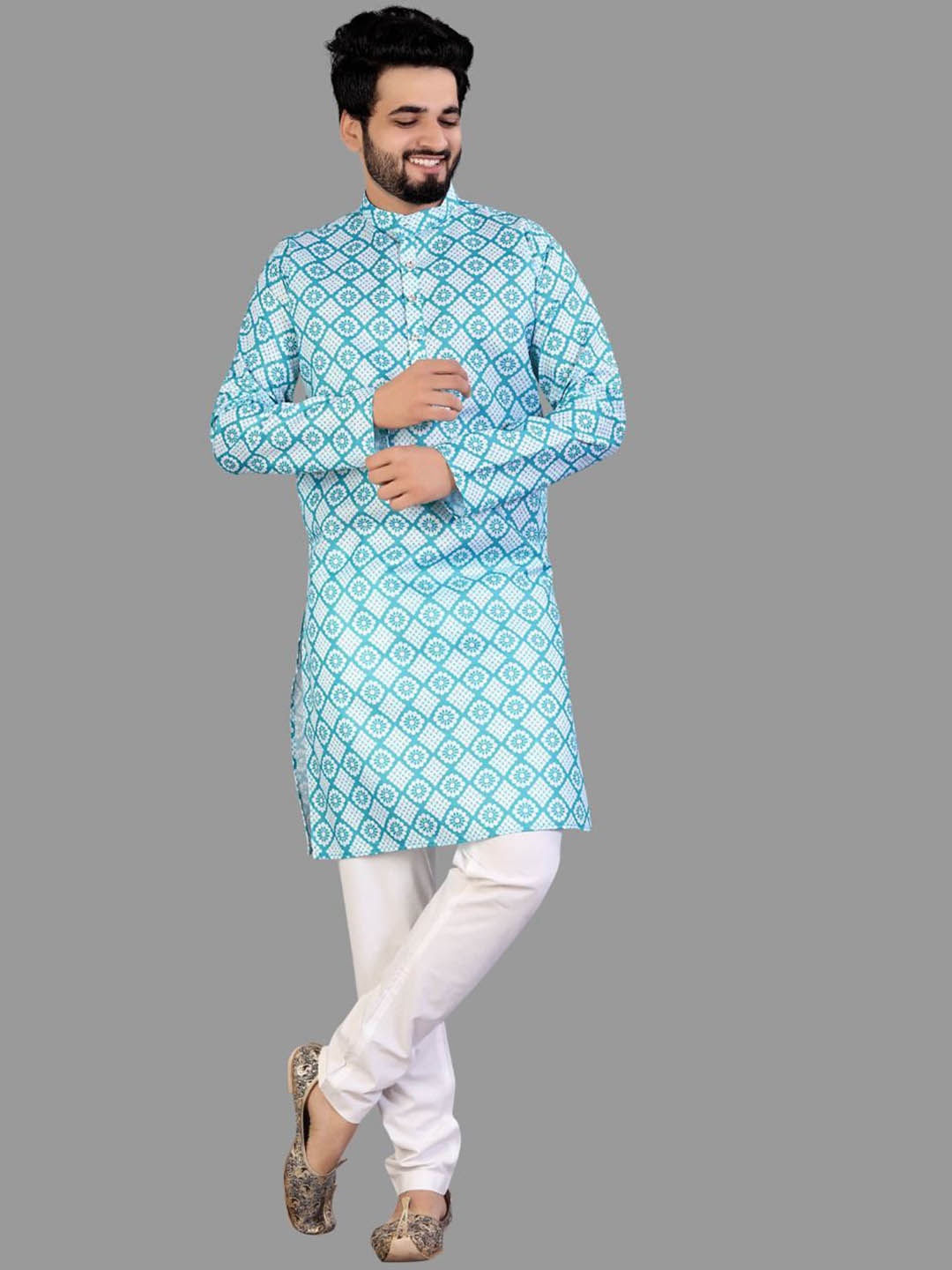 

IMAGO Ethnic Motifs Mandarin Collar Long Sleeves Pure Cotton Straight Kurta, Blue