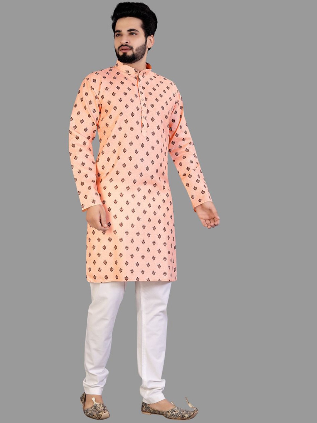 

IMAGO Ethnic Motifs Printed Mandarin Collar Pure Cotton Straight Kurta, Orange