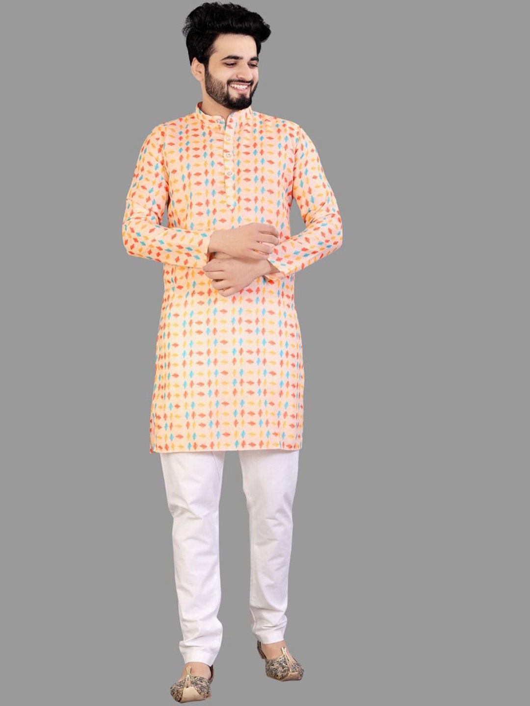 

IMAGO Checked Mandarin Collar Pure Cotton Straight Kurta, Orange