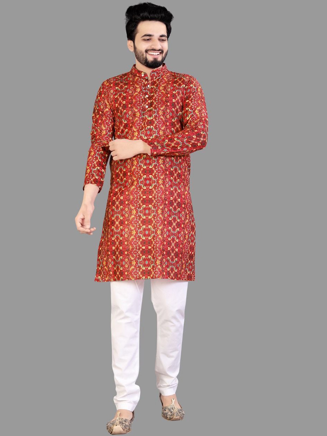 

IMAGO Ethnic Motifs Printed Mandarin Collar Pure Cotton Straight Kurta, Maroon