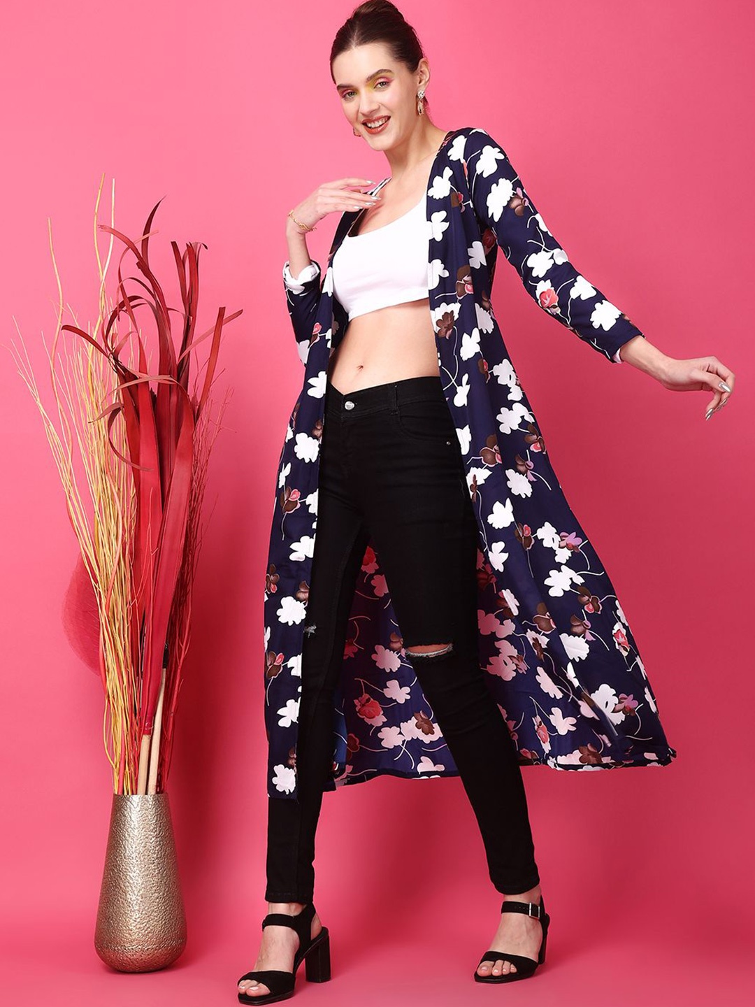 

BAESD Floral Printed Longline Open Front Shrug, Navy blue