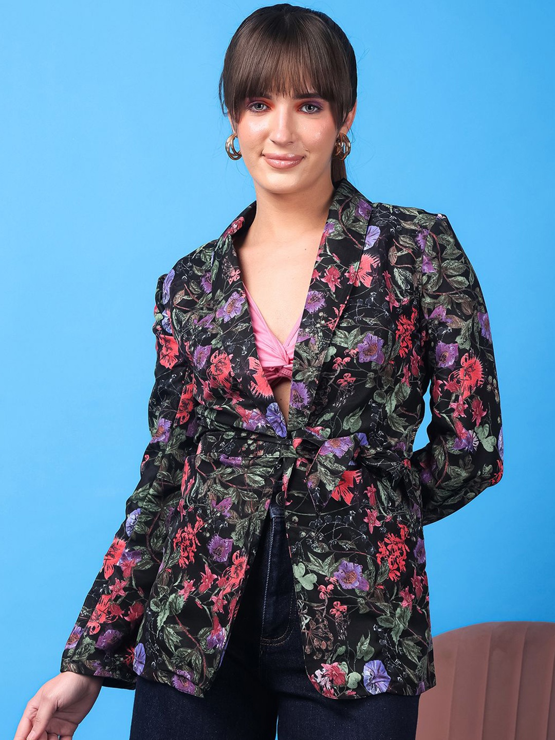 

BAESD Floral Printed Tie-Up Blazer Shrug, Black