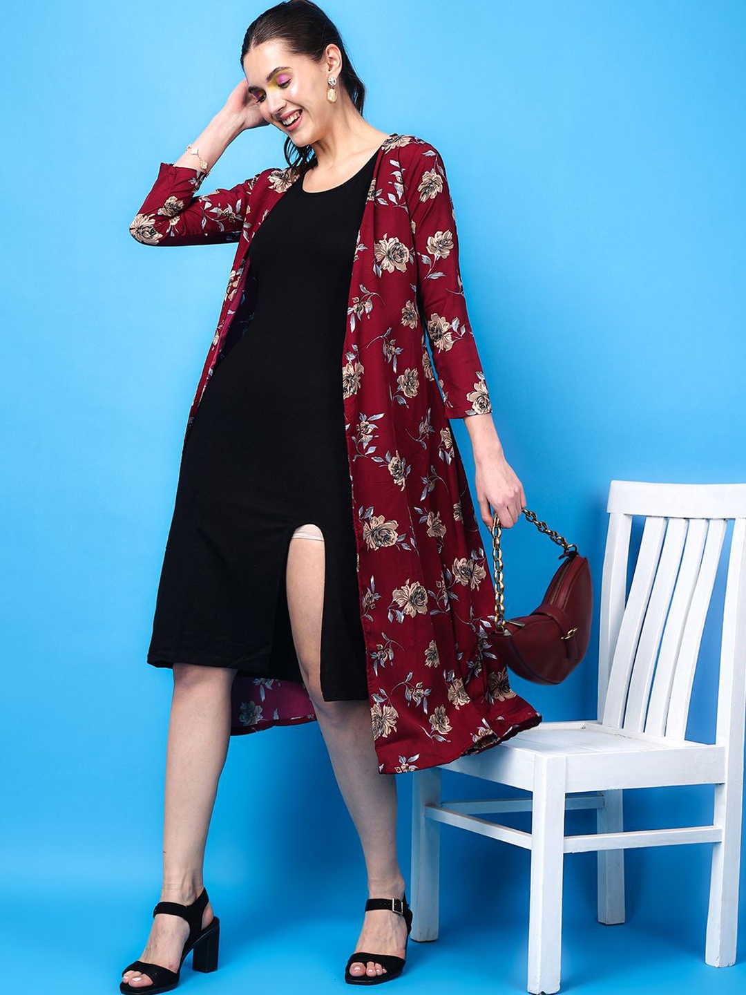 

BAESD Floral Printed Longline Open Front Shrug, Maroon