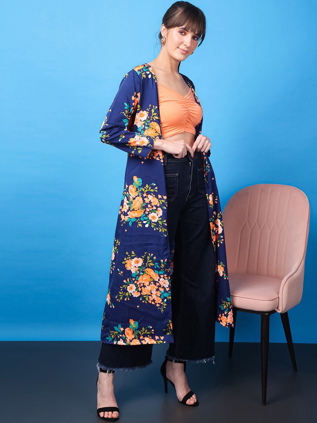 

BAESD Floral Printed Longline Open Front Shrug, Blue