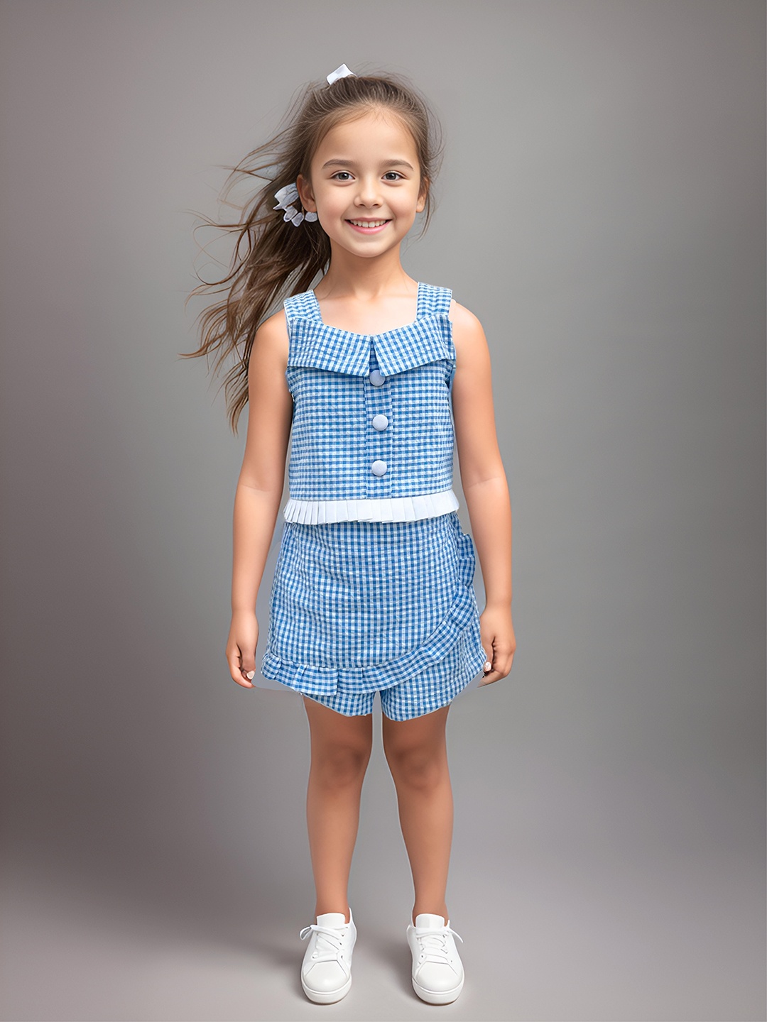 

Safehugs Girls Checked Square Neck Pure Cotton Top With Skorts, Blue