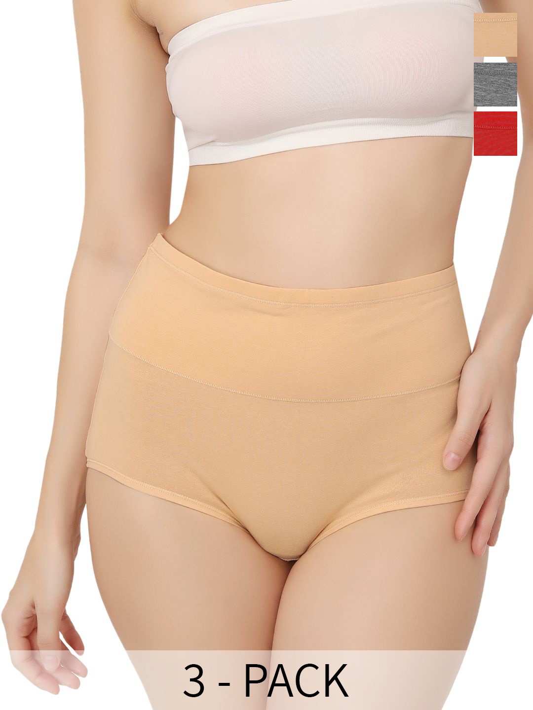 

Bella Voste Pack Of 3 Super Combed High Rise Tummy Control Hipster Briefs, Beige
