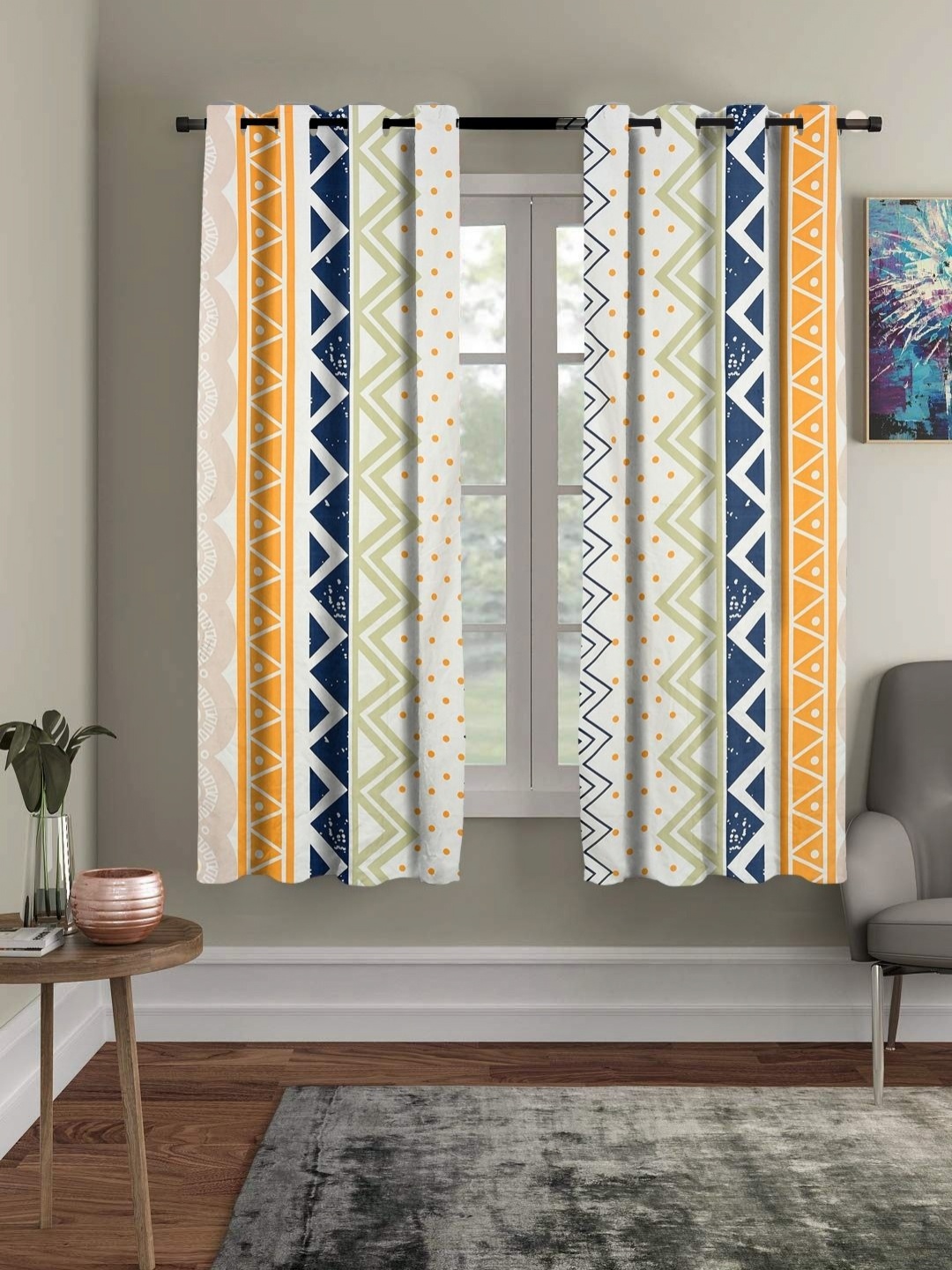 

RRC White & Yellow 2 Pieces Geometric Window Curtain