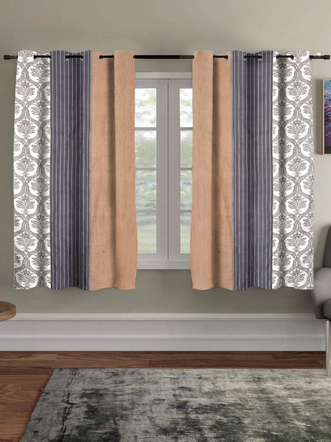 

RRC Brown & Grey 2 Pieces Striped Window Curtains