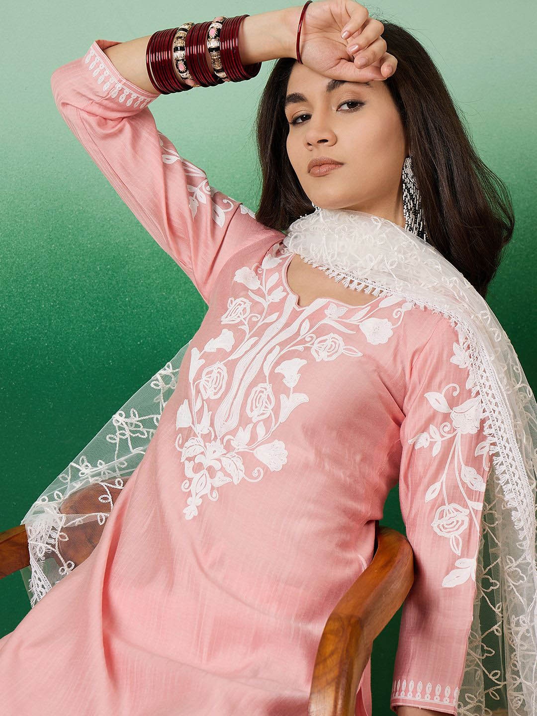 

Sangria Peach Floral Embroidered Regular Straight Kurta With Trousers With Dupatta