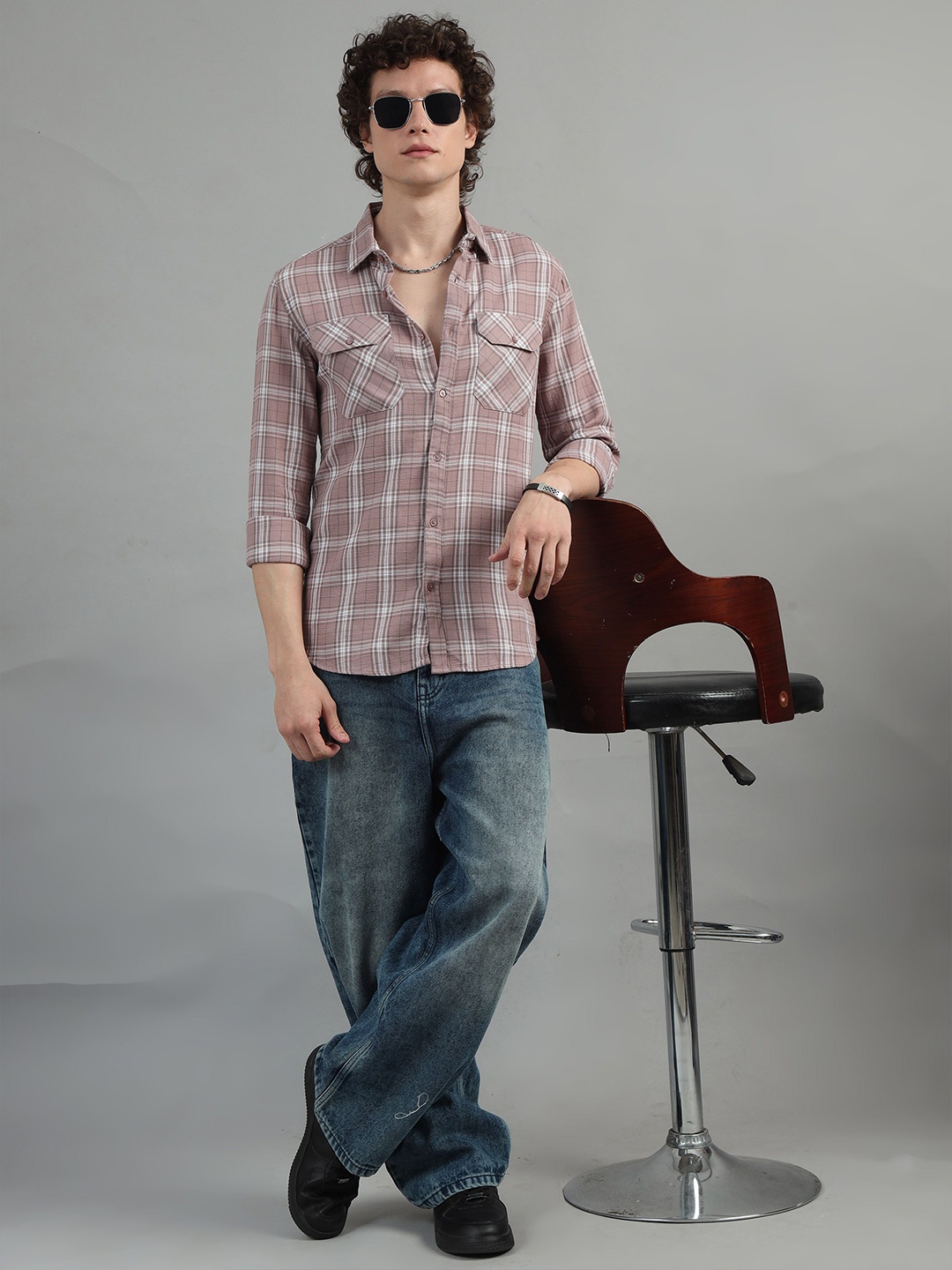 

Bushirt Men Classic Tartan Checks Opaque Checked Casual Shirt, Taupe