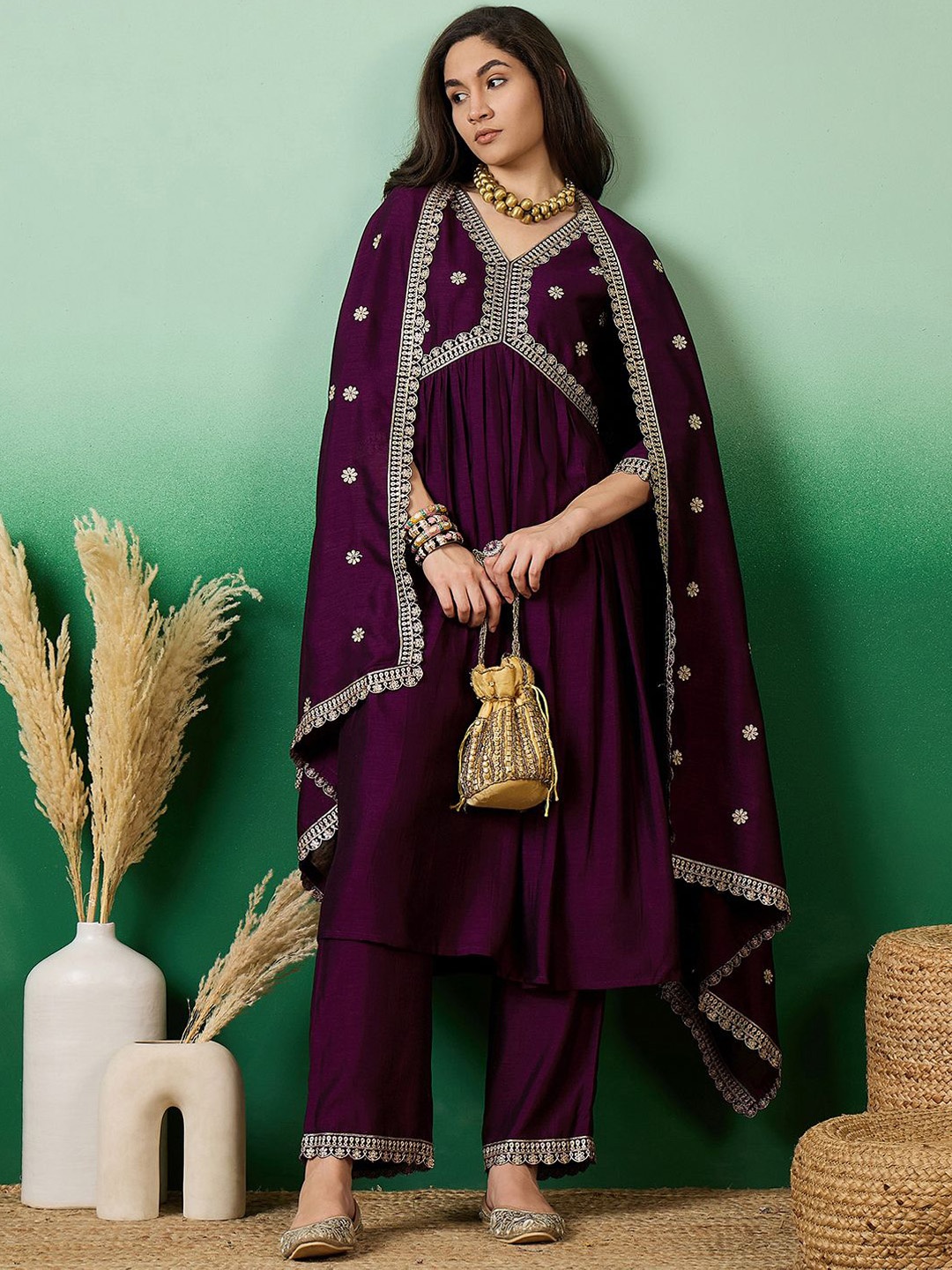 

Sangria Purple Embroidered Empire Anarkali Kurta With Trousers & Dupatta