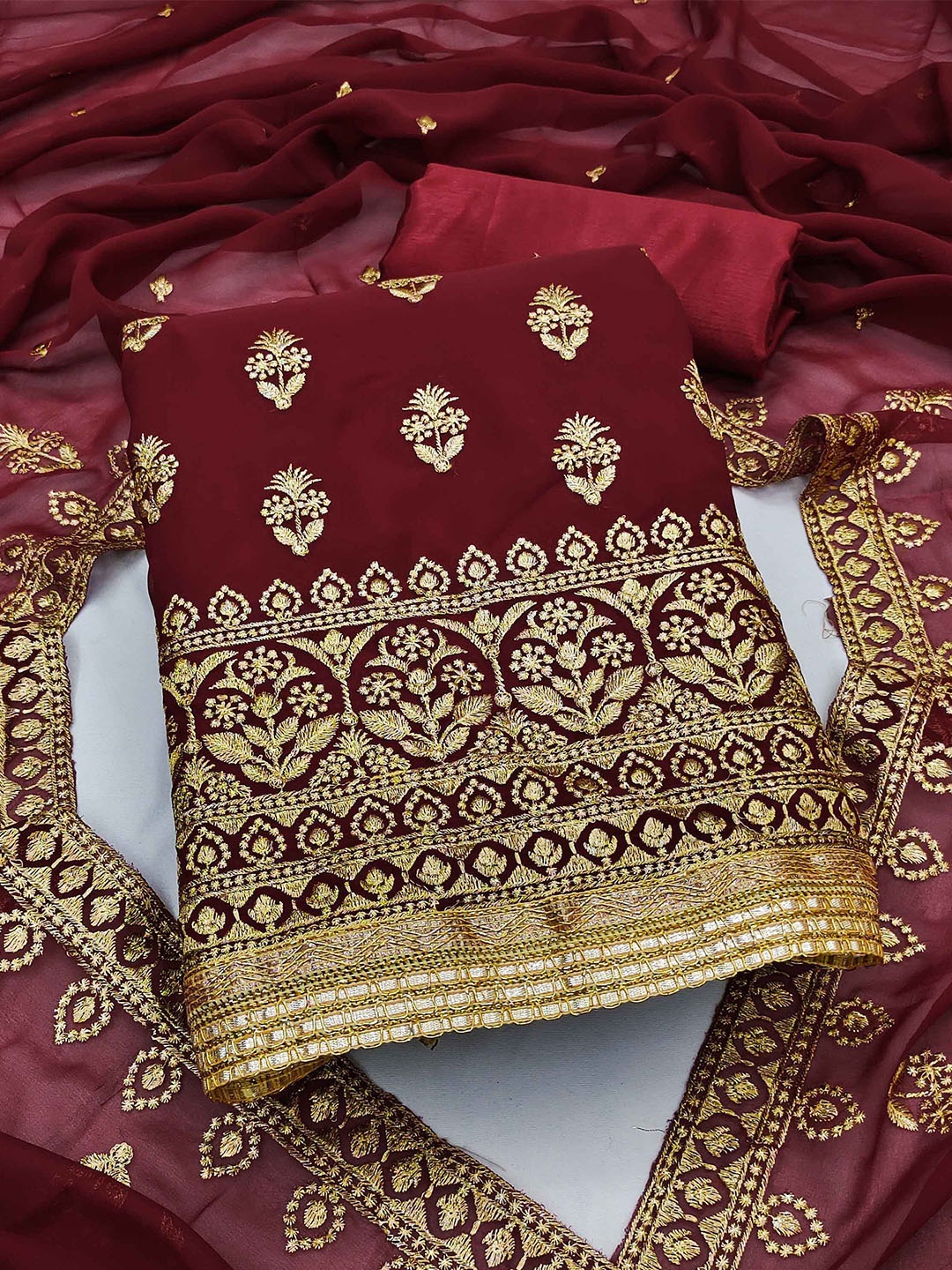

KALINI Embroidered Unstitched Dress Material, Maroon
