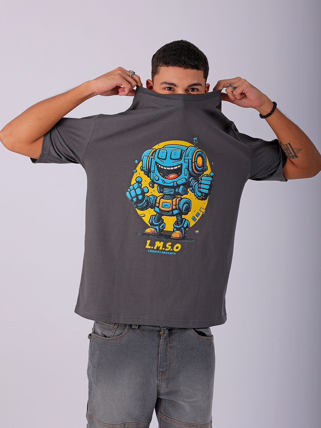 

The Indian Garage Co Men Typography Printed Boxy Oversized T-shirt, Grey