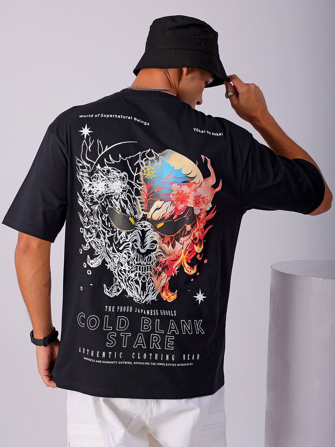 

The Indian Garage Co Men Back Printed Boxy Oversized Round Neck T-shirt, Black