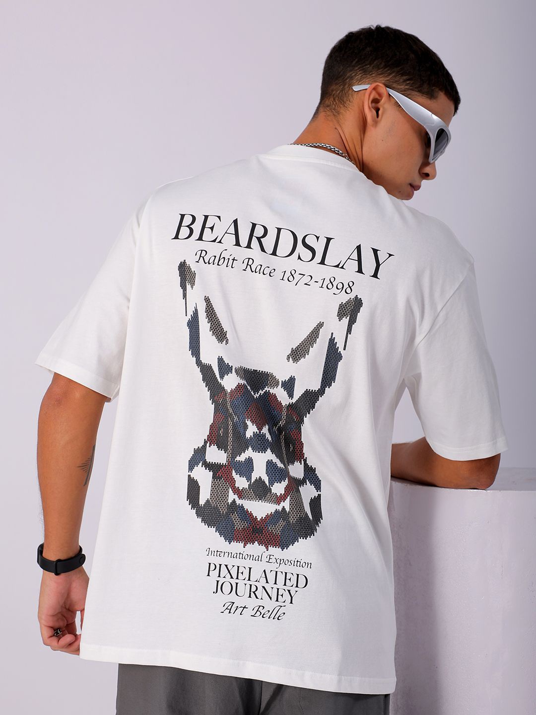 

The Indian Garage Co Men Back Printed Boxy Oversized Round Neck T-shirt, White