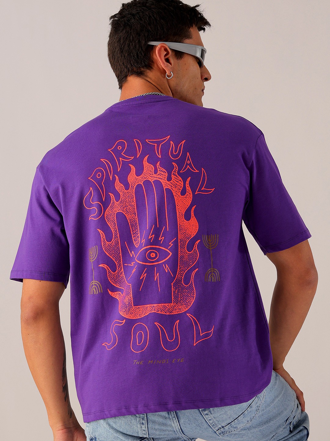 

The Indian Garage Co Men Back Printed Boxy Oversized Round Neck T-shirt, Purple