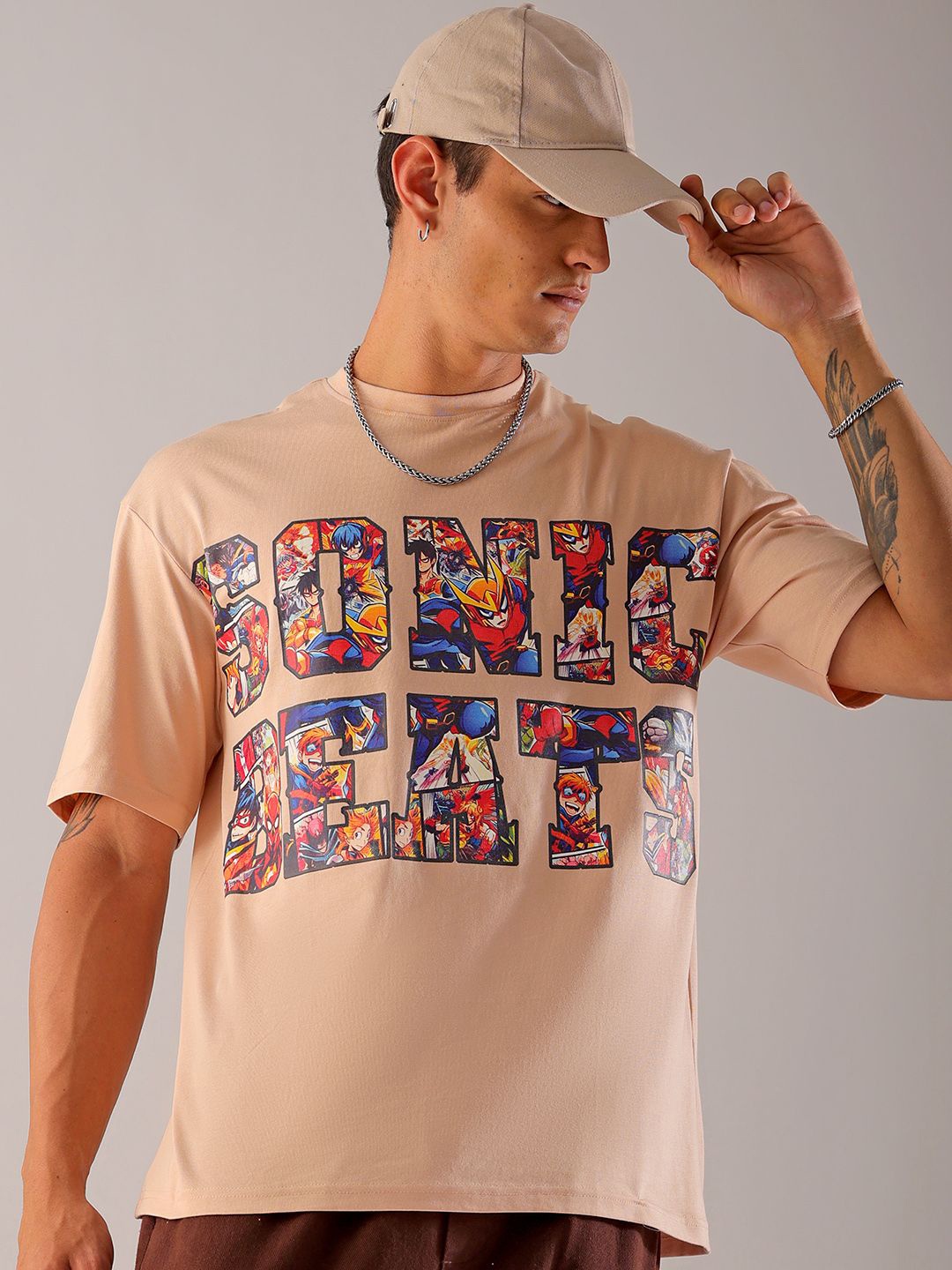 

The Indian Garage Co Men Graphic Printed Boxy Oversized Round Neck T-shirt, Beige