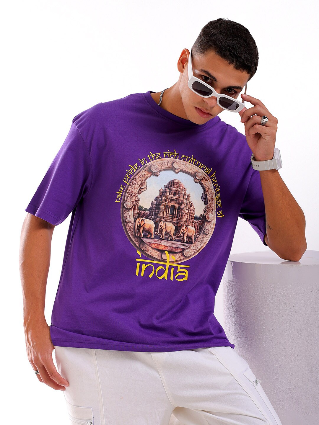

The Indian Garage Co Men Typography Printed Boxy Oversized Round Neck T-shirt, Purple