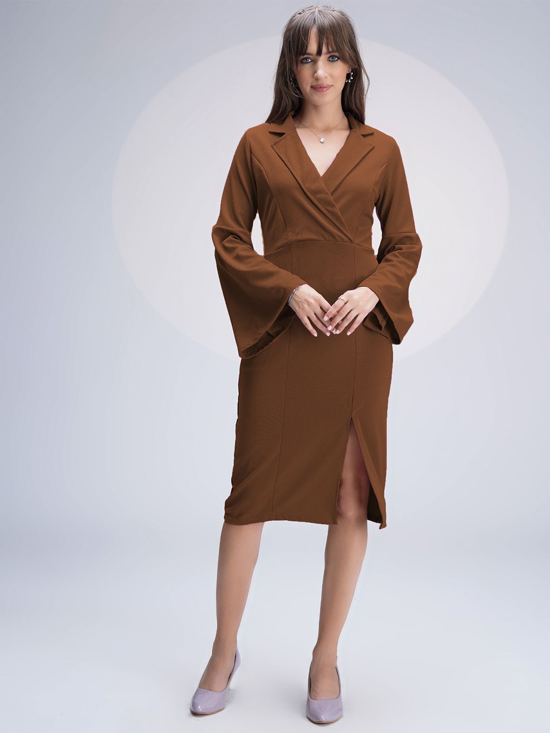 

WESTHOOD Bell Sleeves Wrap Dress, Brown