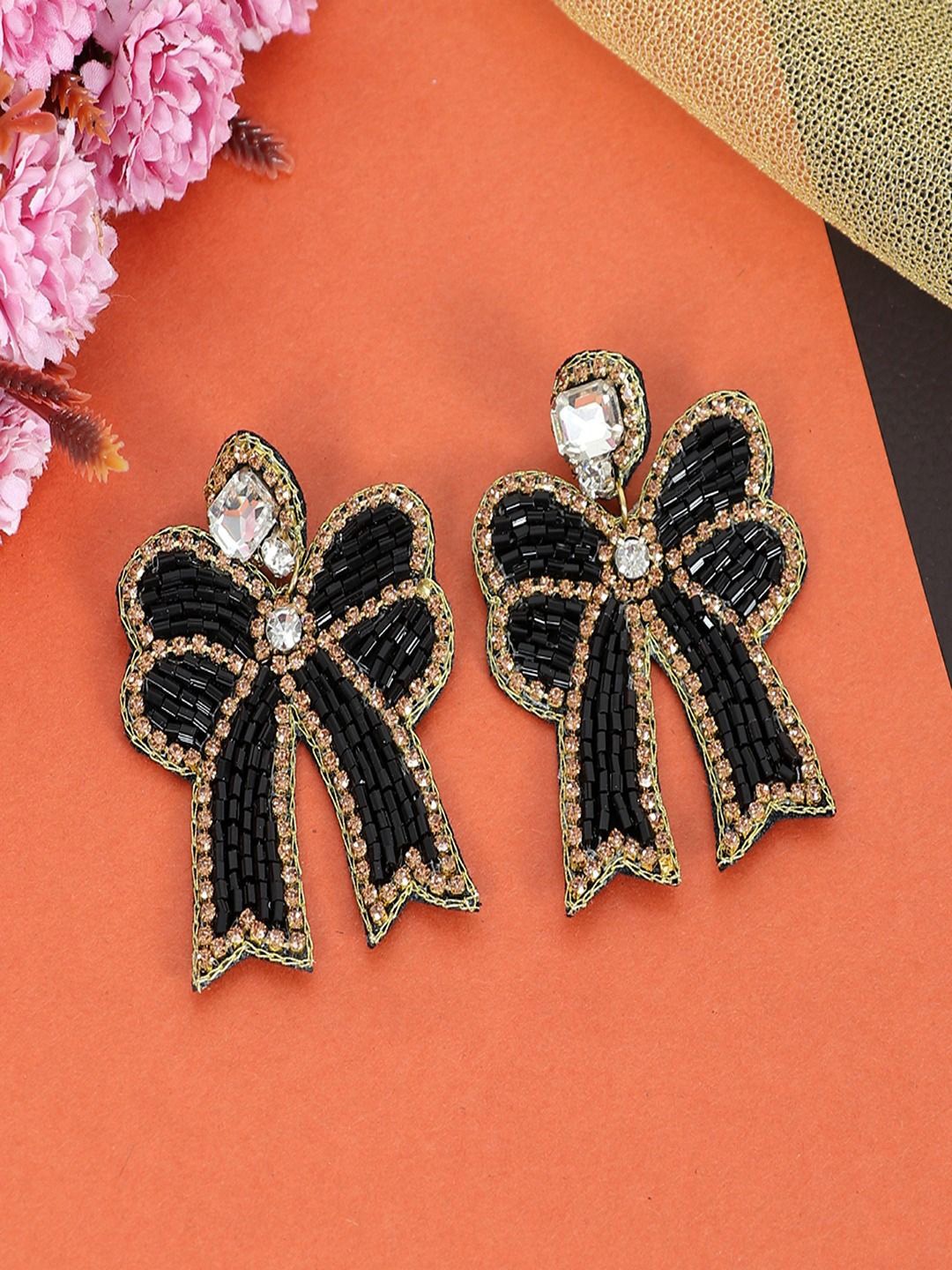 

UNIVERSITY TRENDZ Gold-Plated Artificial Beads Studded Drop Earrings, Black