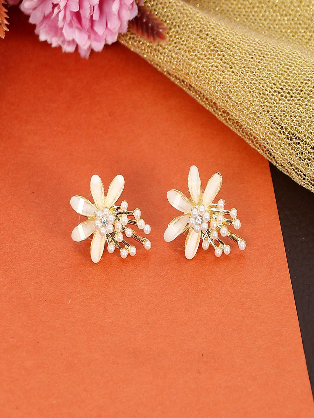 

UNIVERSITY TRENDZ Gold-Plated Contemporary Beaded Studs Earrings, White