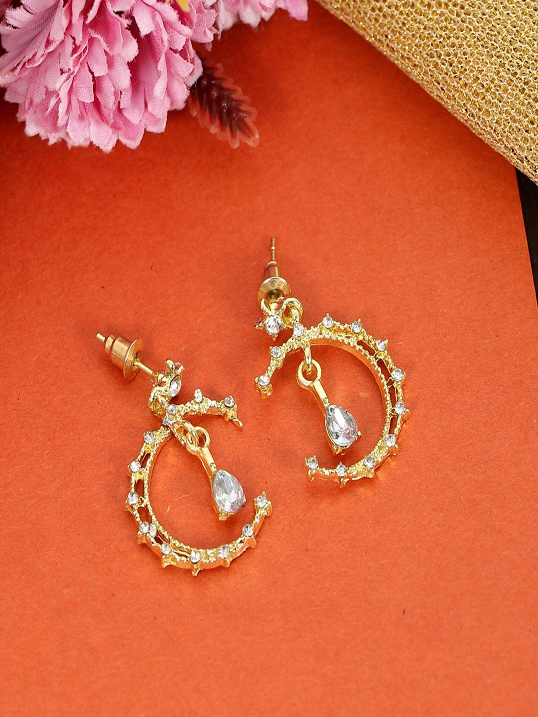 

UNIVERSITY TRENDZ Gold-Plated Crystals-Studded Contemporary Drop Earrings