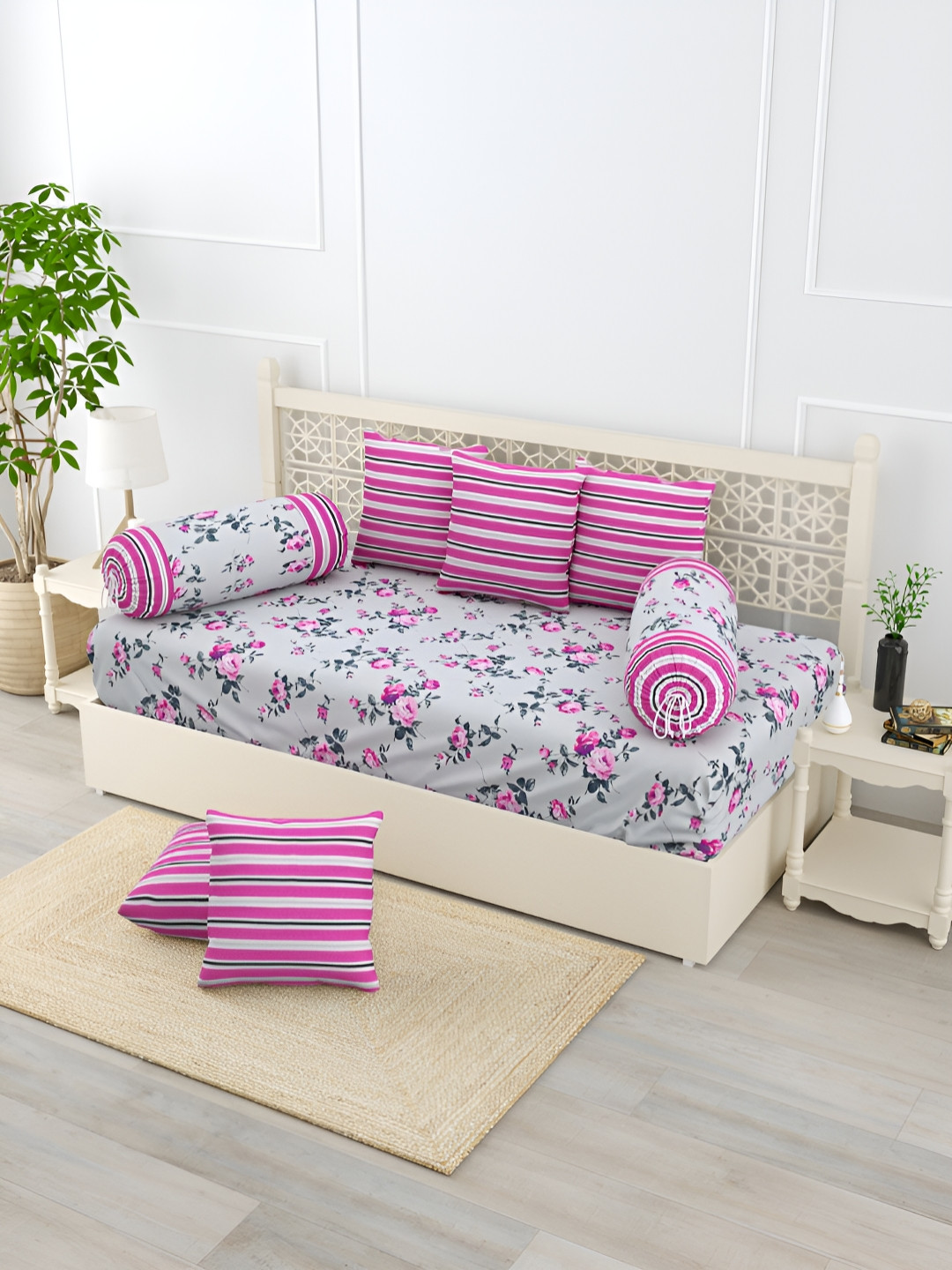 

Salona Bichona Pink & White 8 Pieces Floral Printed Pure Cotton Diwan Set