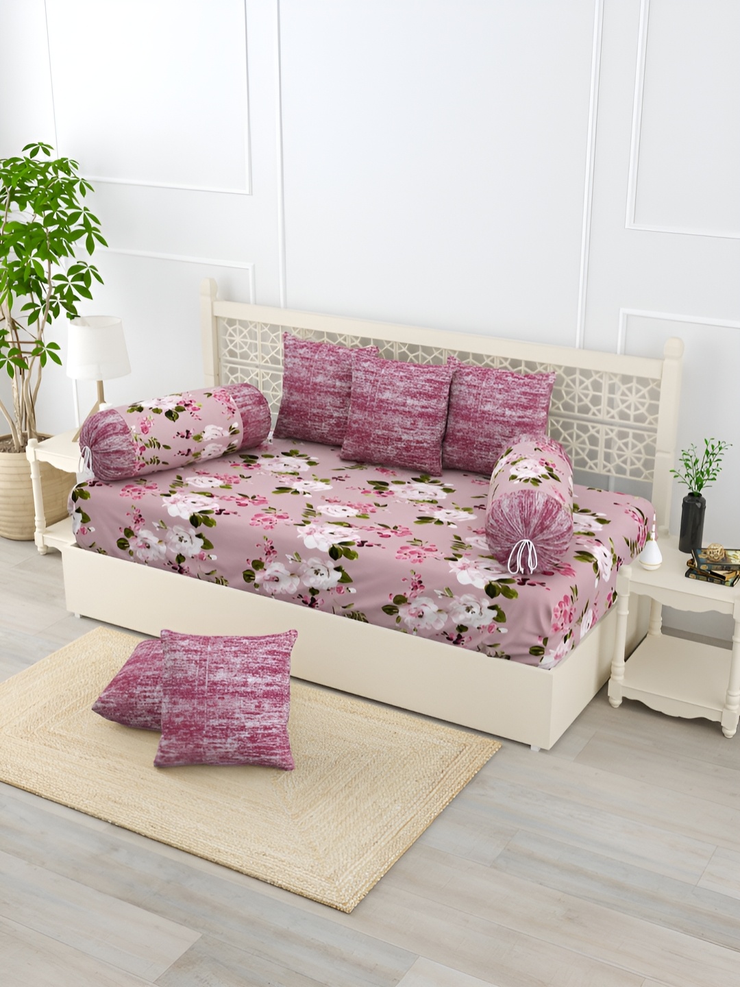 

Salona Bichona Pink & White 8 Pieces Floral Printed Pure Cotton Diwan Set