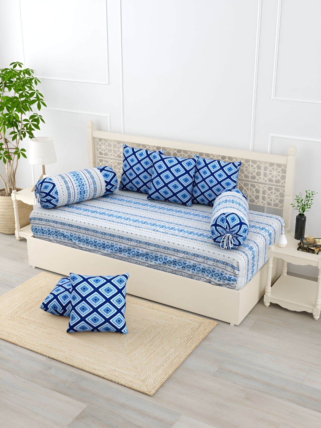 

Salona Bichona Blue & White 8 Pieces Geometric Printed Pure Cotton Diwan Set