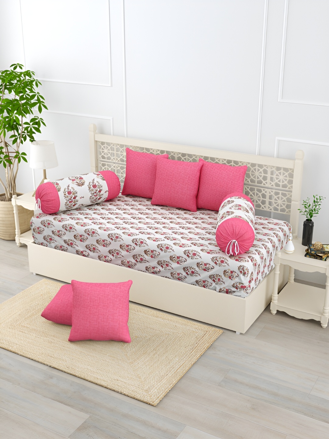 

Salona Bichona Pink & White 8 Pieces Floral Printed Pure Cotton Diwan Set