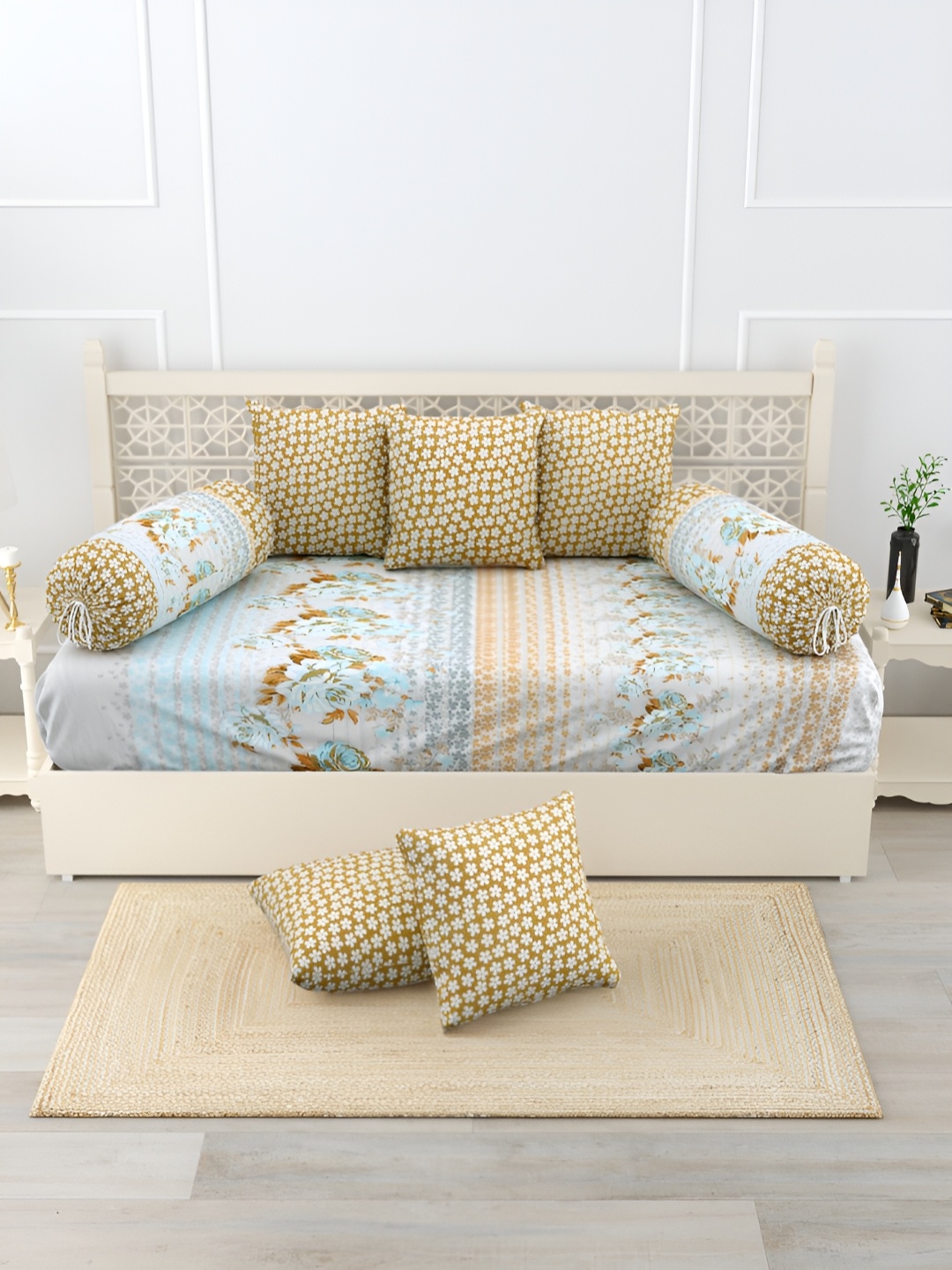 

Salona Bichona Blue & Brown 8 Pieces Floral Printed Pure Cotton Diwan Set
