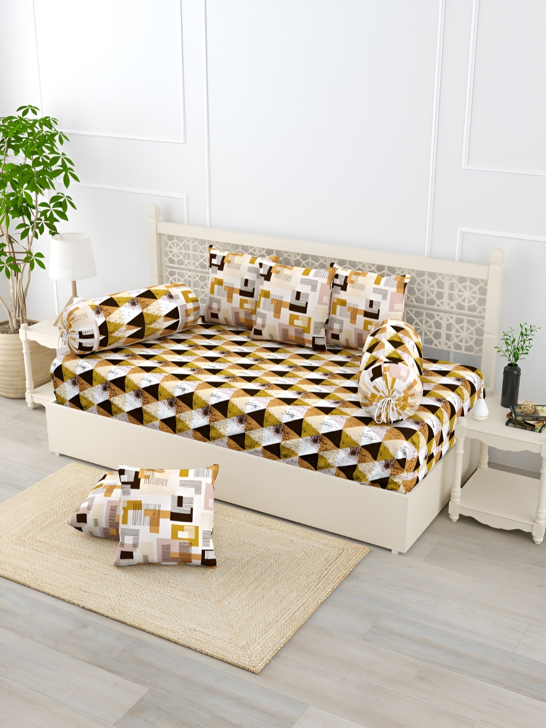 

Salona Bichona Yellow & White 8 Pieces Geometric Printed Pure Cotton Diwan Set